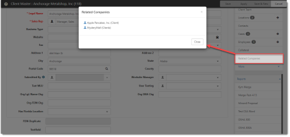 Client Master record with related companies popup window displayed