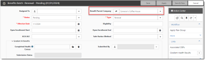 Benefits Batch Record with Benefit Parent Company Field Highlighted