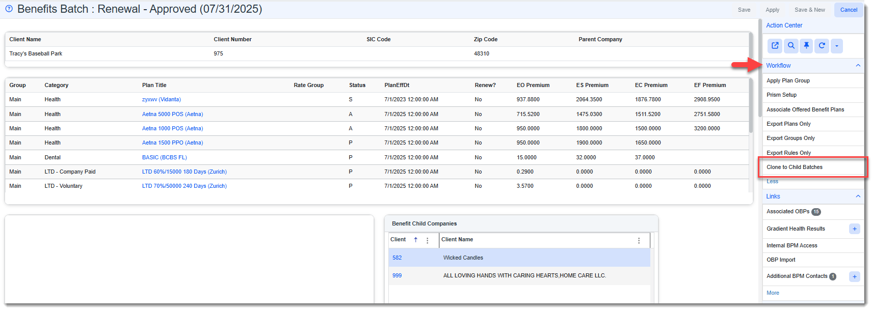 Benefits Batch record with Clone To Child Batches link highlighted