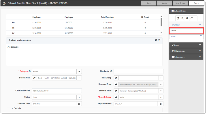 Offered Benefits Plan Window with Select Workflow Link Highlighted