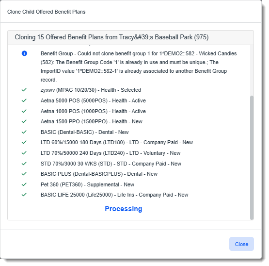 Offered Benefit Plan Cloning Status Window