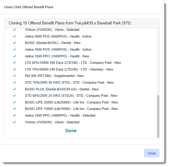 Offered Benefit Plan Cloning Status Window