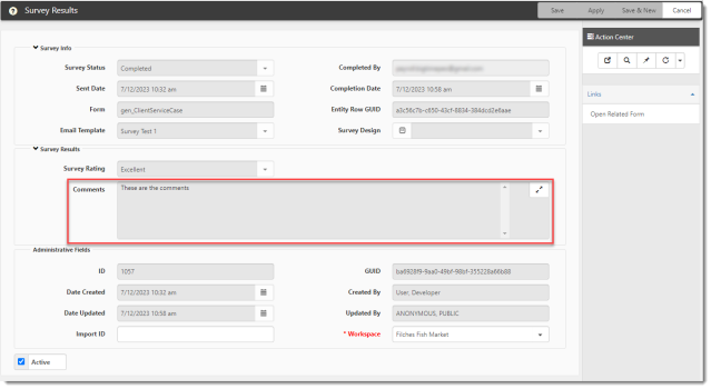 Open Survey Results Dataform with Comments Section Highlighted