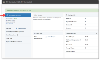 Workspace landing page with arrow pointing to the open button on the Client Info Widget