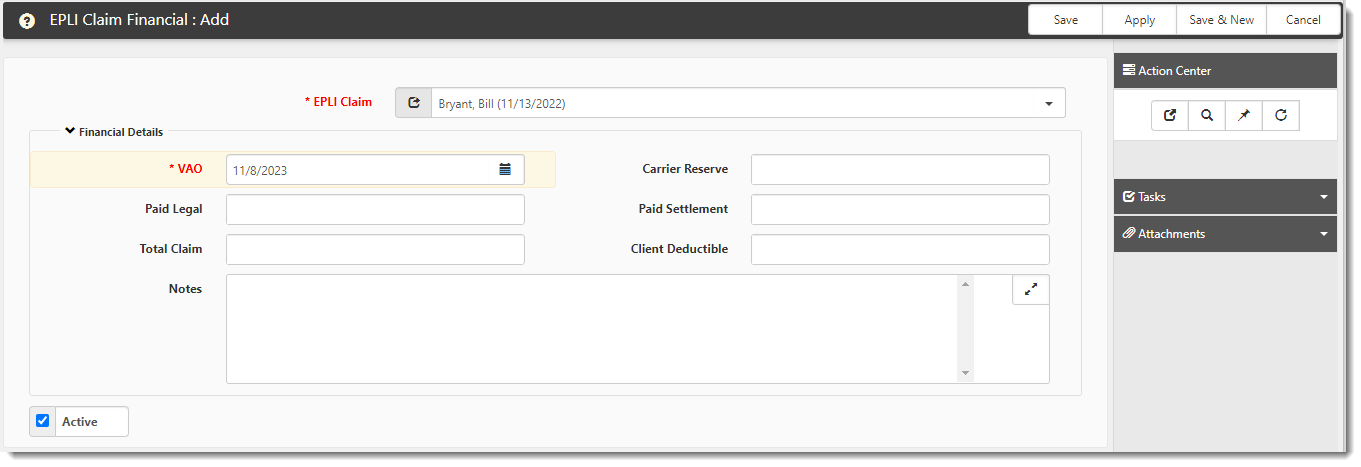 EPLI Claim Financial Form