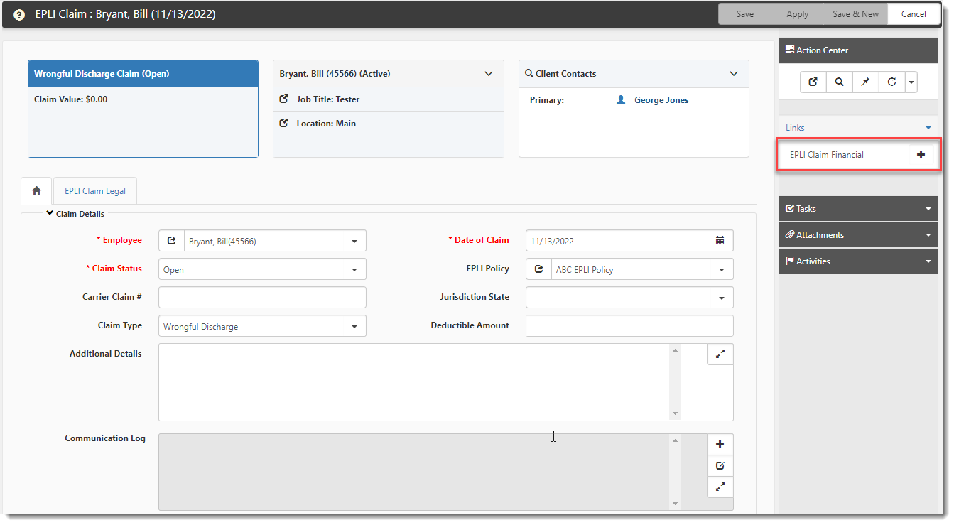 EPLI Claim with EPLI Claim Financial Link highlighted in the Action Center