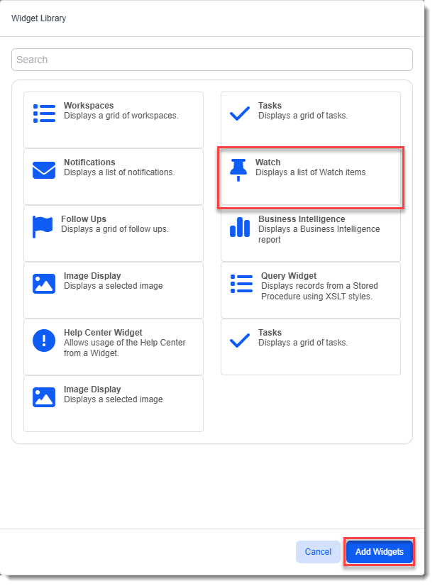 Widget Library window with Query Widget Option Highlighted