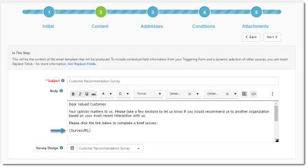 Email Template Step 2 With Email Subject, Body, and Replace Fields Shown, Including Survey URL