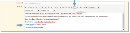 Email Template Step 2 With Email Subject, Body, and Replace Fields Shown, Including Survey URL