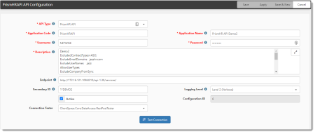 PrismHR API Configuration Window With Settings Entered