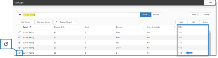 Lookups Dashboard With Survey Rating Lookup Group Shown and  Filter Column Highlighted