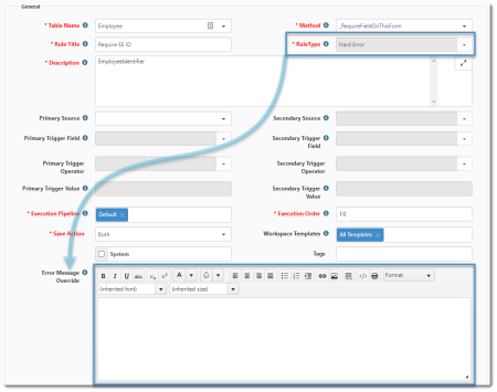 Rule Details window showing Custom Error Message Configuration