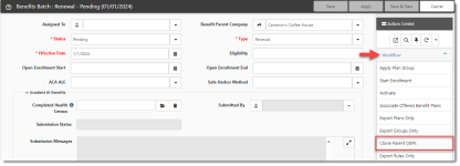 Benefits Batch record with Clone Parent OBPs link highlighted