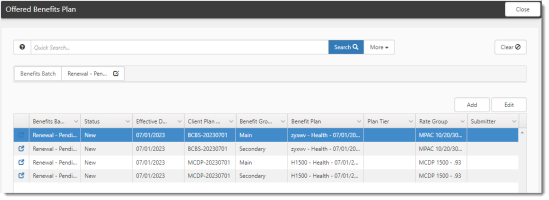 Offered Benefit Plans Window with Pending Renewals Shown