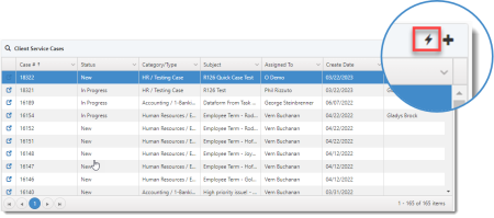 Zoomed in view of the Quick Case "Lightning Bolt" icon on the Client Service Case Widget