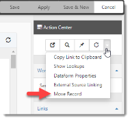 Dataform Action Center showing the Move Record Option