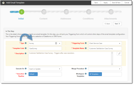 Email Template Step 1 With Type Survey Selected