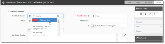 Image showing how to Add a New Certificate Holder from the Certificate Holder Field