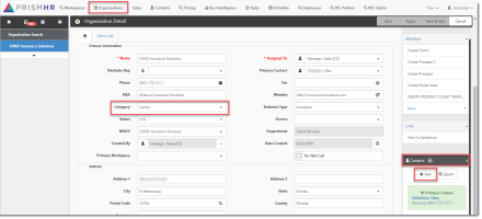 Organization Detail Record Showing WC Carrier Setup