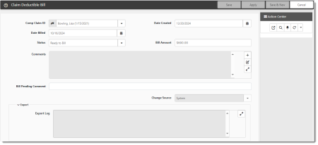 Claim Deductible Bill Form in Ready to Bill Status