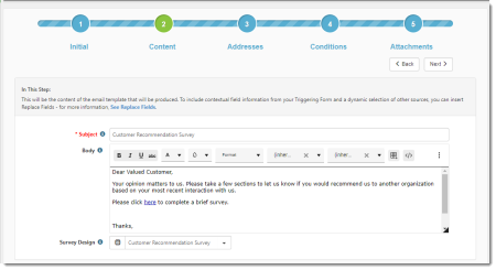 Email Template Step 2 With Email Subject, Body, and Replace Fields Shown, Including Survey URL