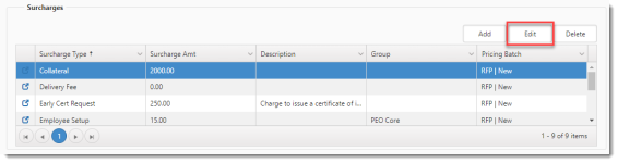 Pricing Console Surcharges Section with Edit Button Selected